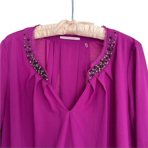 T Tahari Magenta Fuchsia Silky Beaded Mandarin Collar Blouse Tunic XS - Picture 3 of 9